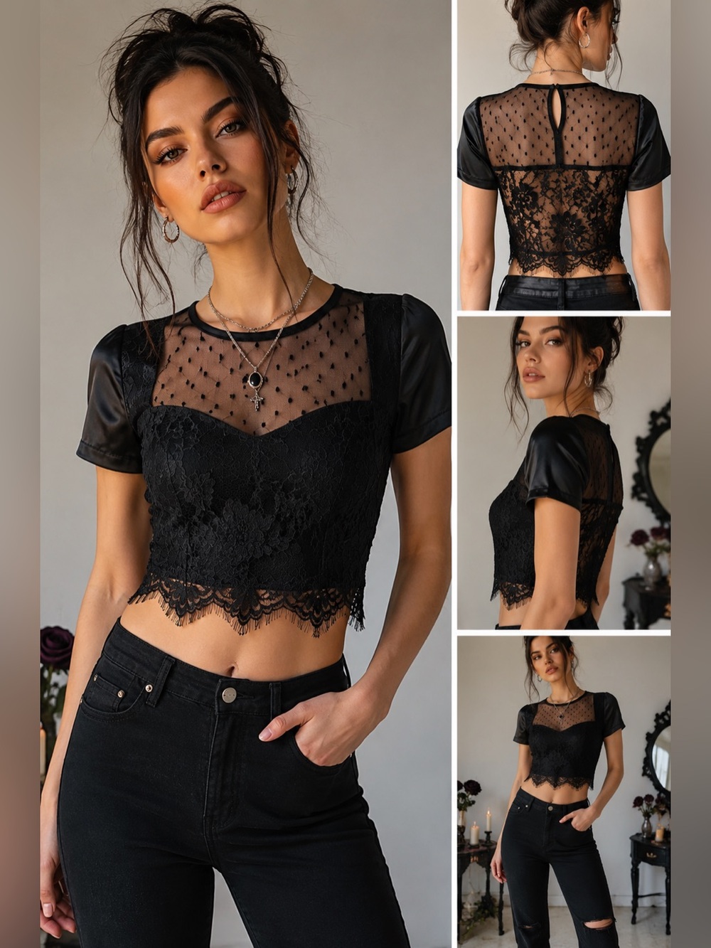 Guess Black Swiss Dot Mesh Lace Sweetheart Crop Top Size Small Whimsigoth Goth